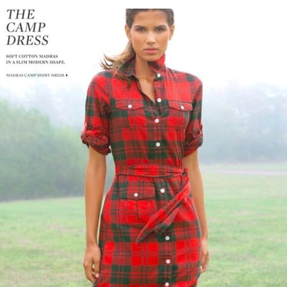 L.L. Bean Signature Madras Camp Shirt Dress Red Plaid Button Down Womens Size 10 - Picture 3 of 16